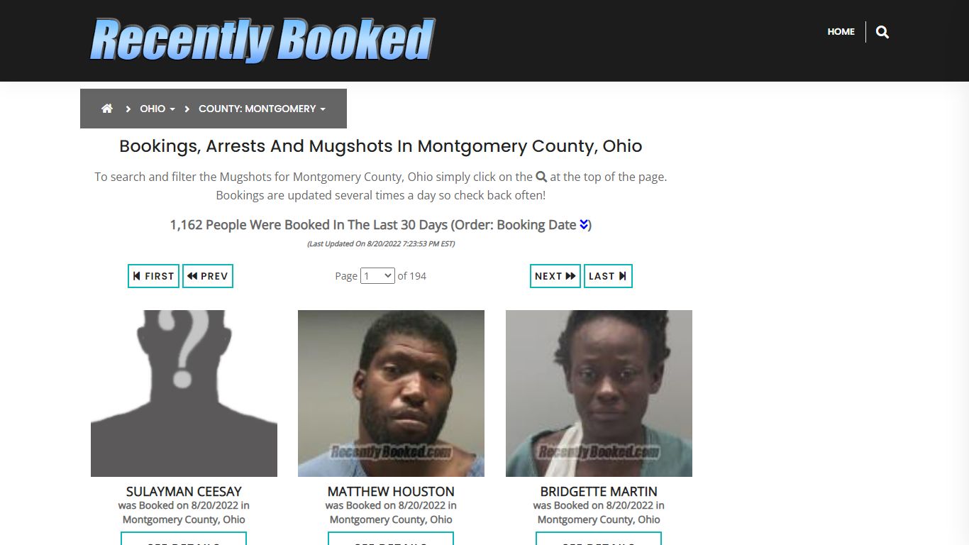 Bookings, Arrests and Mugshots in Montgomery County, Ohio